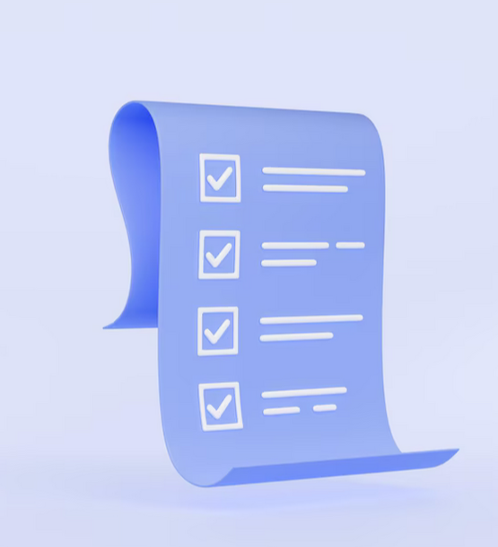 "A stylized 3D blue checklist with four checkmarks on a scroll-like design, indicating completed tasks."