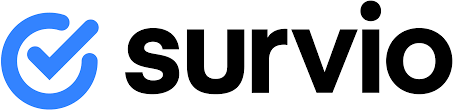 Survio logo featuring a blue checkmark inside a circle, followed by the text 'Survio' in black and blue, denoting user-friendly survey tools.